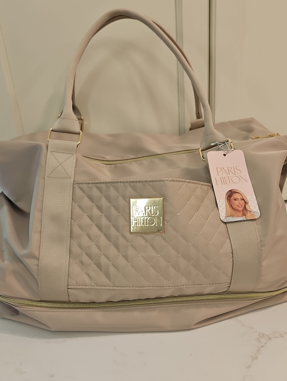Paris Hilton Travel Duffel Bag NIB Tan Shoulder Strap Multiple Pockets Shoe Comp